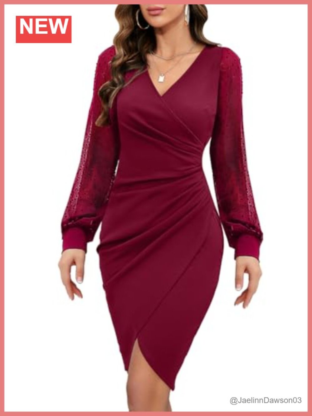 Women Mesh Long Sleeve Faux Wrap Ruched Bodycon Knee Length Party Dress